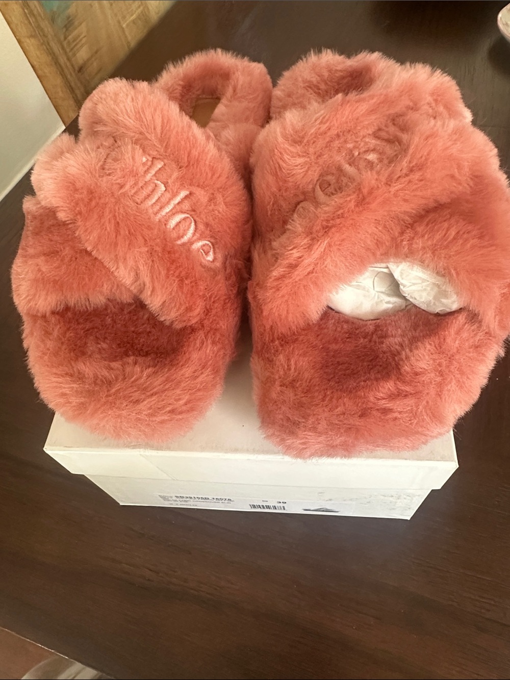 See By Chloe Coral Pink Faux-Fur Slide Mules